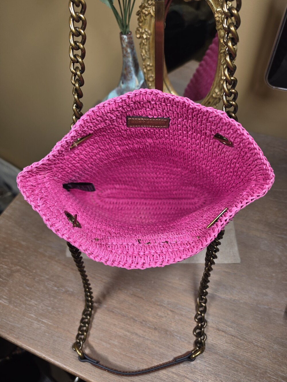 Kurt Geiger Hot Pink Brixton Raffia Chain-Handle Tote Shoulder Bag (Retail $285) - Picture 9 of 14